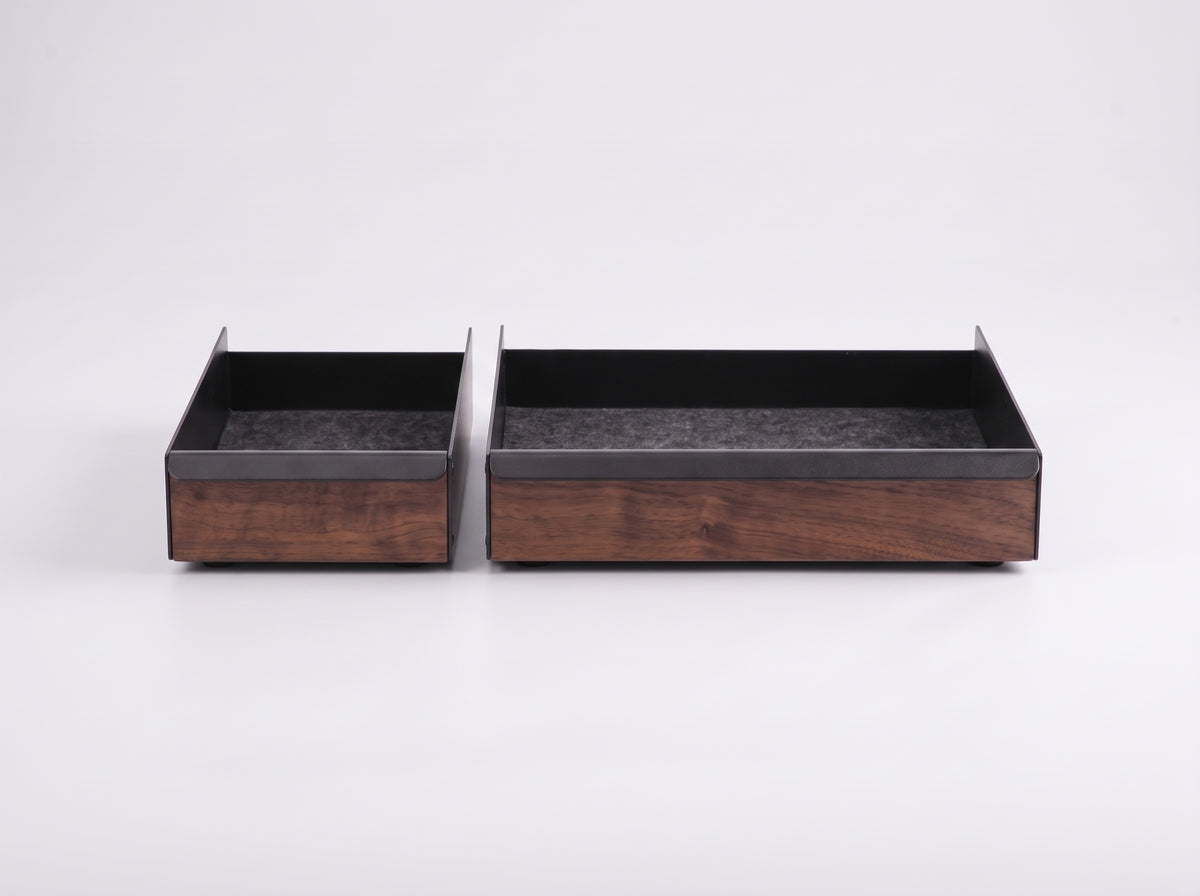 Metal Tray for Monitor Riser in Black Walnut – Small and Large trays, front view | Rablo #Material_Black Walnut