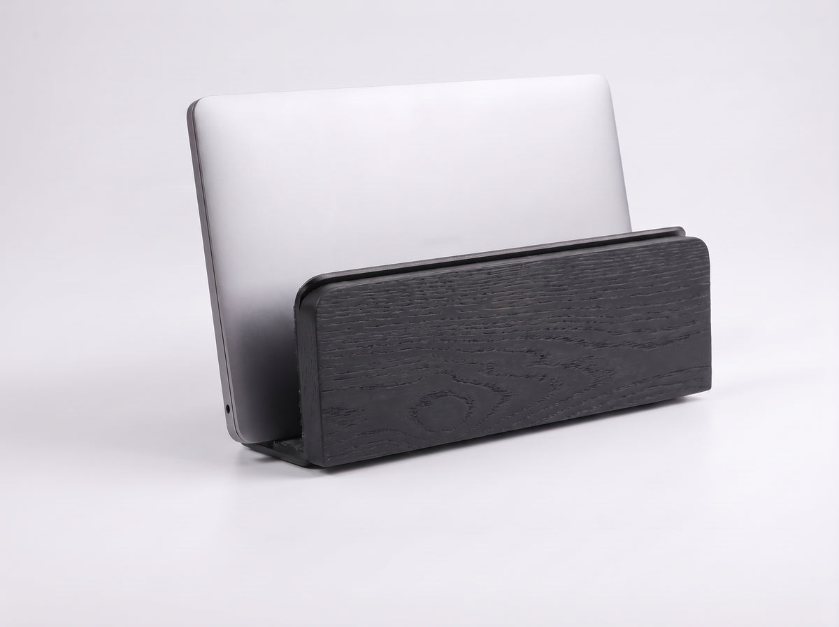 Vertical Storage Pro for Monitor Riser in Charcoal Black Oak – styled studio packshot | Rablo #Material_Charcoal Black Oak