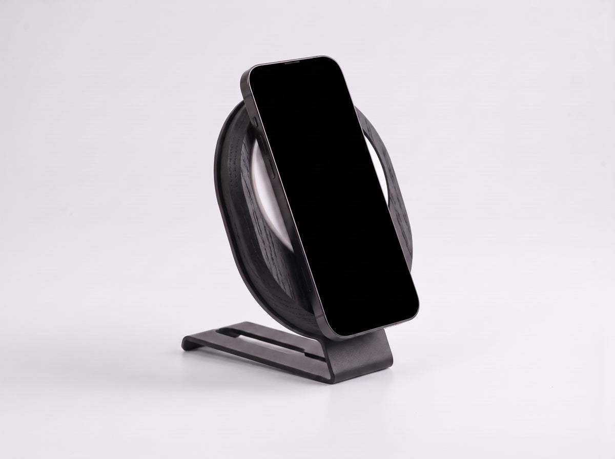 Wireless Charger Stand Pro for Monitor Riser in Charcoal Black Oak – styled studio packshot | Rablo #Material_Charcoal Black Oak