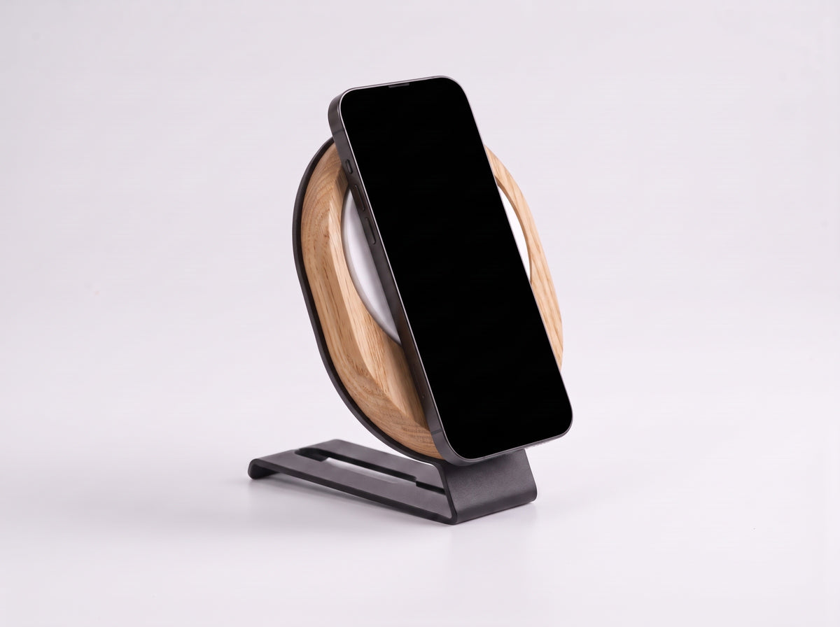 Wireless Charger Stand Pro for Monitor Riser in Oak – styled studio packshot | Rablo #Material_Oak