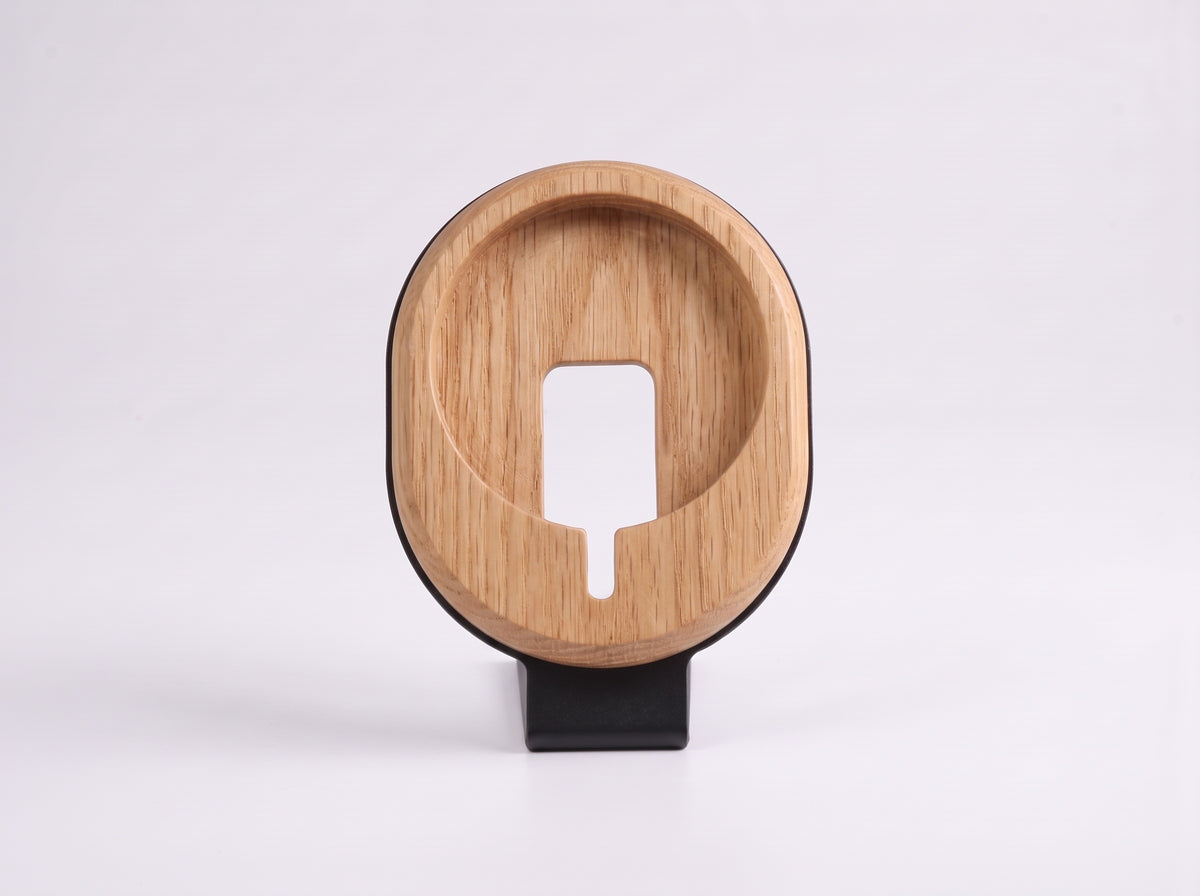 Wireless Charger Stand Pro for Monitor Riser in Oak – front view | Rablo #Material_Oak