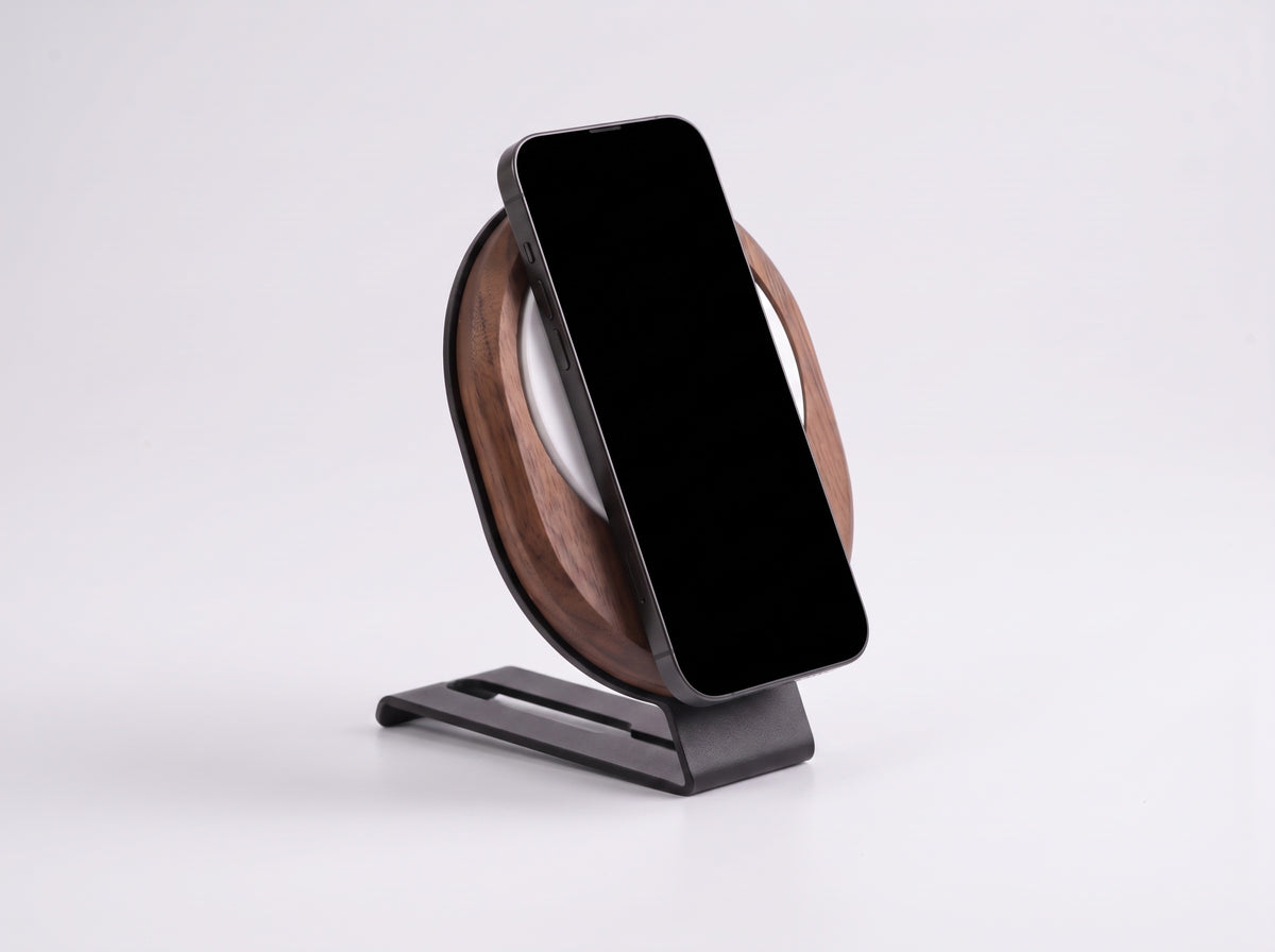 Wireless Charger Stand Pro for Monitor Riser in Black Walnut – styled studio packshot | Rablo #Material_Black Walnut