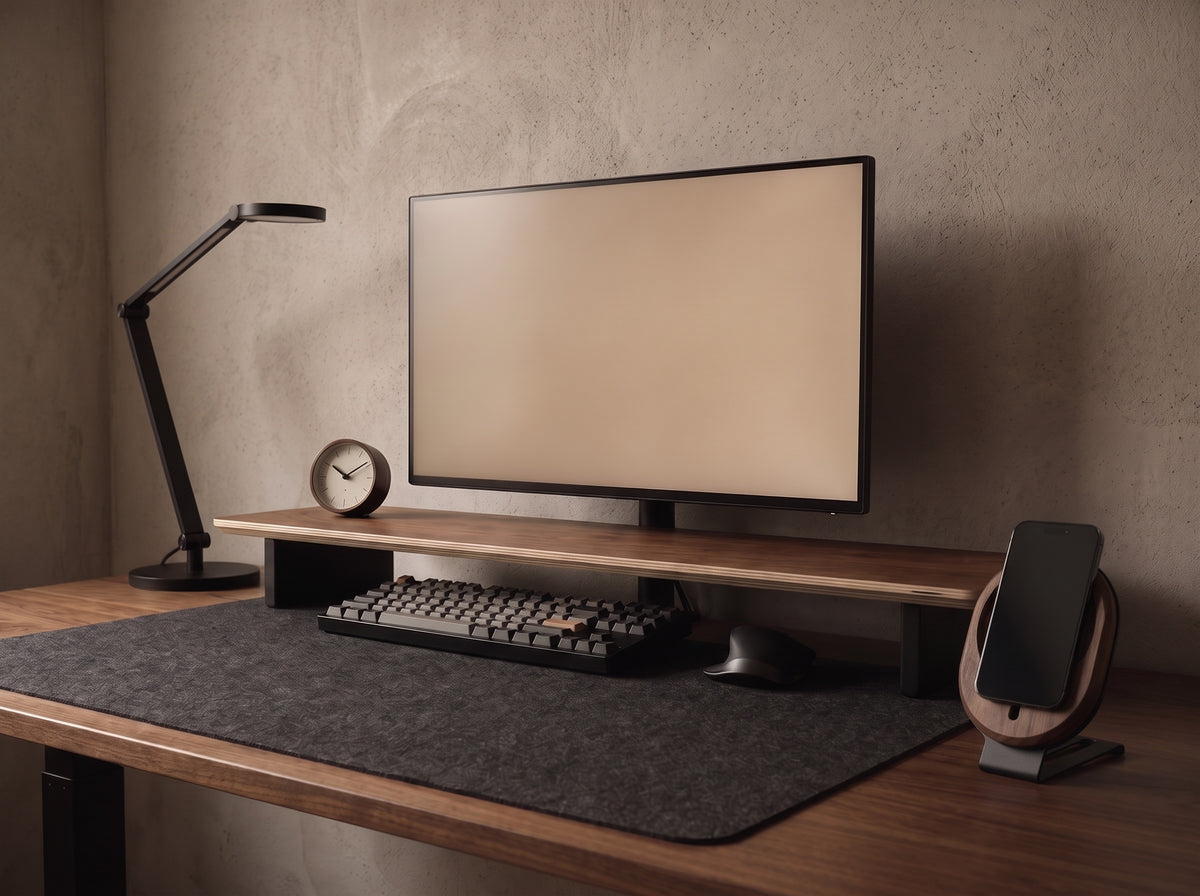 Wireless Charger Stand Pro for Monitor Riser in Black Walnut – on a desk setup | Rablo #Material_Black Walnut